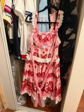 Lolita Kawaii Pink Strawberry Print Midi Dress with Lace Trim